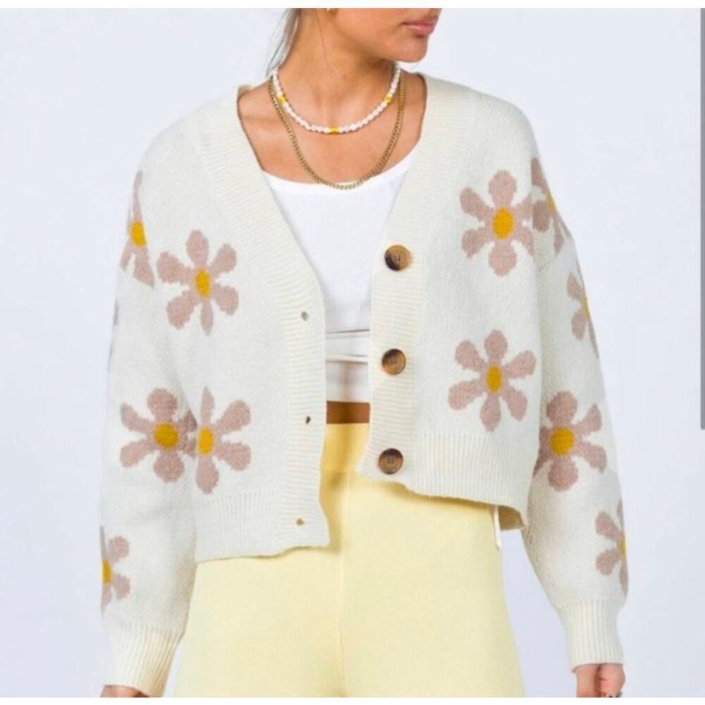 Princess Polly Petal daisy floral cream cropped cardigan sweater womens S/M